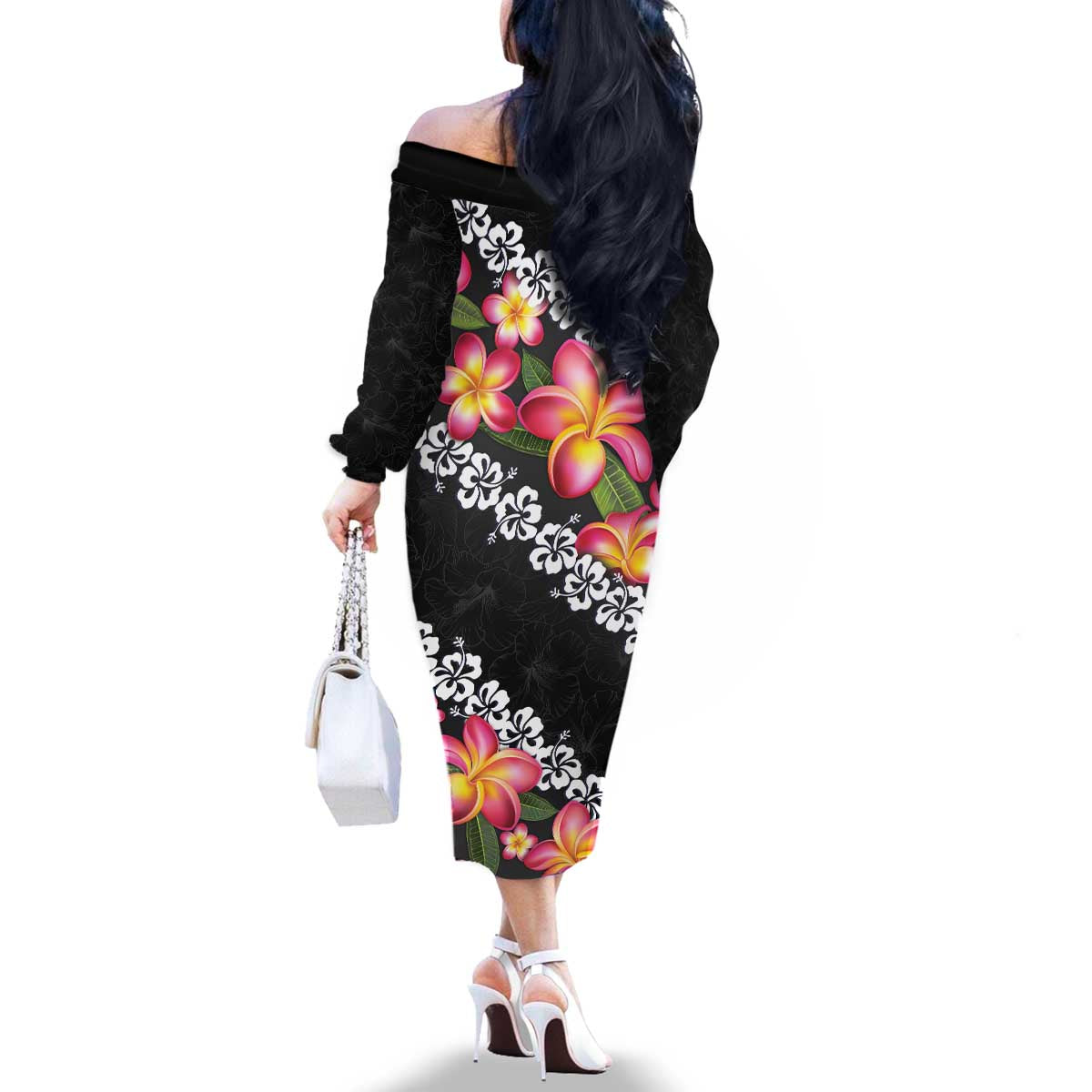 Black Polynesia Family Matching Off The Shoulder Long Sleeve Dress and Hawaiian Shirt Plumeria With Hibiscus Pattern Tropical Vibes LT14 - Polynesian Pride