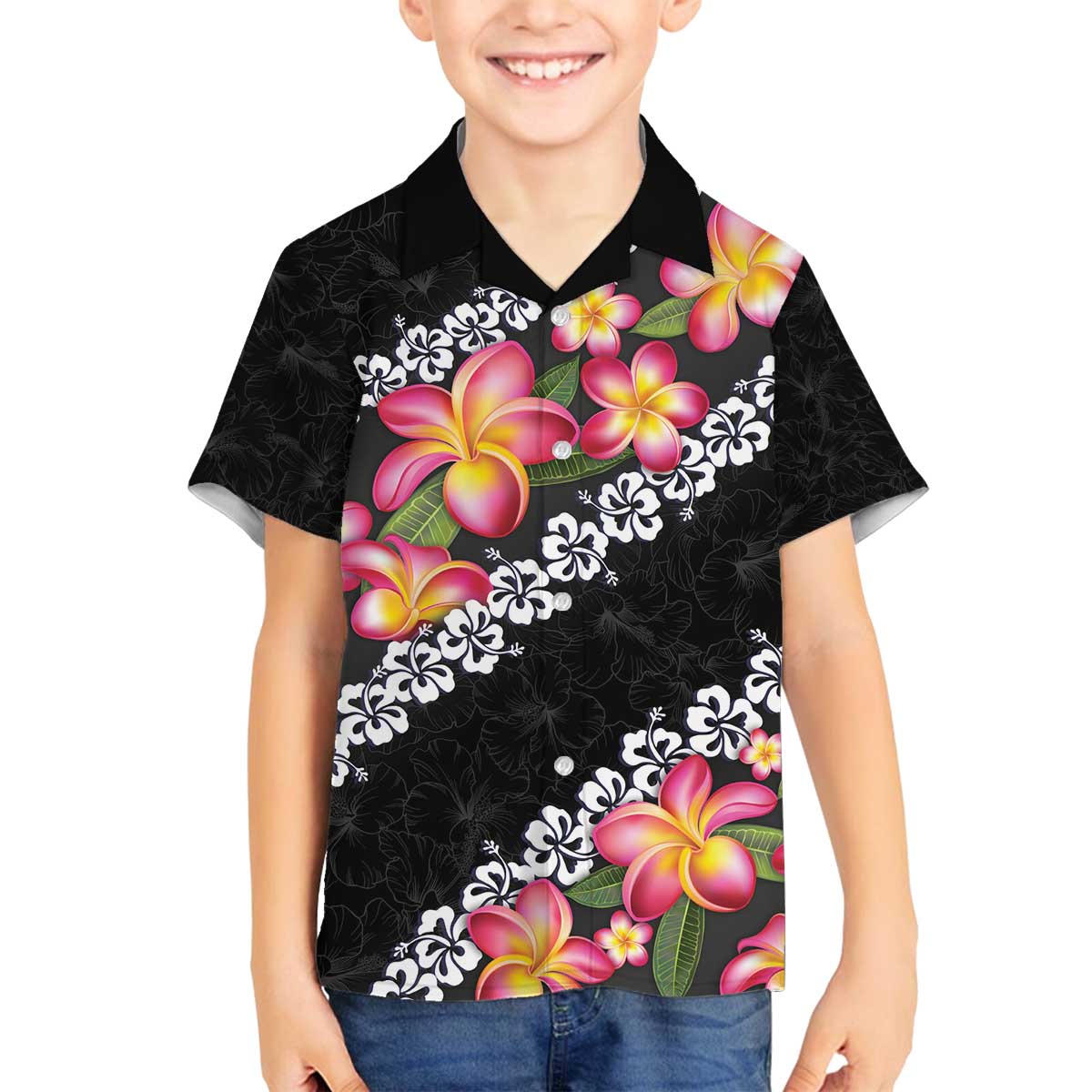 Black Polynesia Family Matching Off The Shoulder Long Sleeve Dress and Hawaiian Shirt Plumeria With Hibiscus Pattern Tropical Vibes LT14 Son's Shirt Black - Polynesian Pride