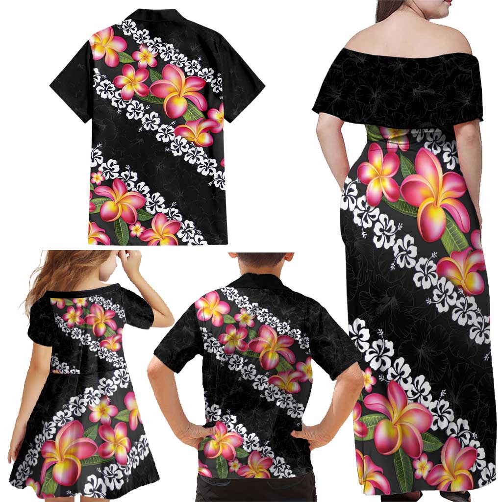 Black Polynesia Family Matching Off Shoulder Maxi Dress and Hawaiian Shirt Plumeria With Hibiscus Pattern Tropical Vibes LT14 - Polynesian Pride