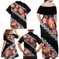Black Polynesia Family Matching Off Shoulder Maxi Dress and Hawaiian Shirt Plumeria With Hibiscus Pattern Tropical Vibes LT14 - Polynesian Pride