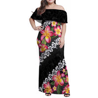 Black Polynesia Family Matching Off Shoulder Maxi Dress and Hawaiian Shirt Plumeria With Hibiscus Pattern Tropical Vibes LT14 Mom's Dress Black - Polynesian Pride
