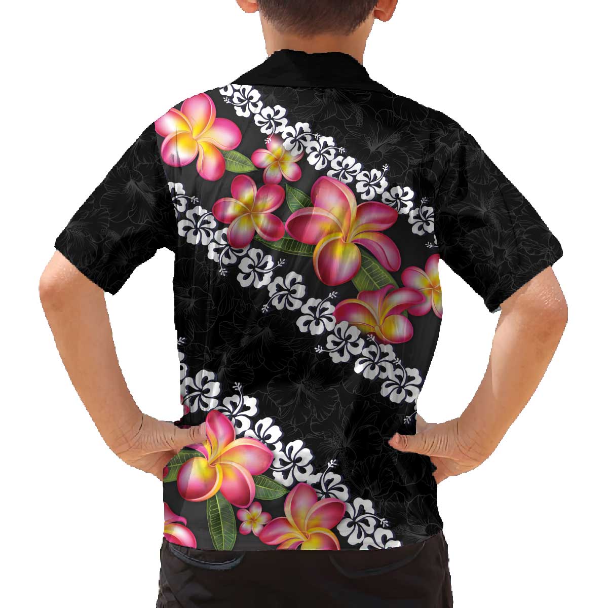 Black Polynesia Family Matching Off Shoulder Short Dress and Hawaiian Shirt Plumeria With Hibiscus Pattern Tropical Vibes LT14 - Polynesian Pride