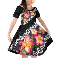 Black Polynesia Family Matching Off Shoulder Short Dress and Hawaiian Shirt Plumeria With Hibiscus Pattern Tropical Vibes LT14 Daughter's Dress Black - Polynesian Pride