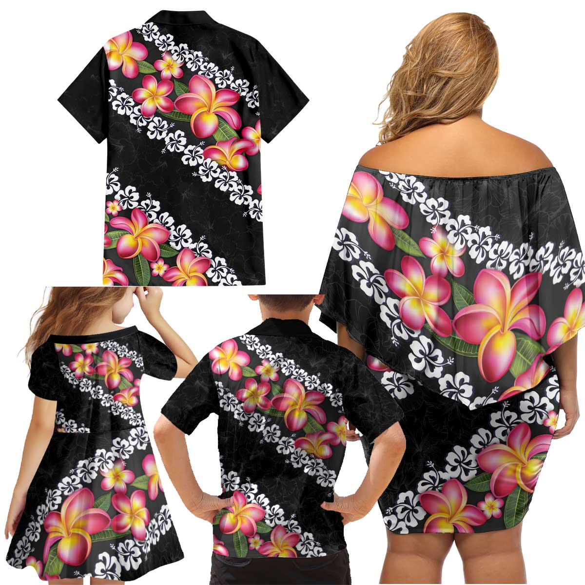 Black Polynesia Family Matching Off Shoulder Short Dress and Hawaiian Shirt Plumeria With Hibiscus Pattern Tropical Vibes LT14 - Polynesian Pride