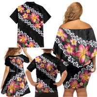 Black Polynesia Family Matching Off Shoulder Short Dress and Hawaiian Shirt Plumeria With Hibiscus Pattern Tropical Vibes LT14 - Polynesian Pride