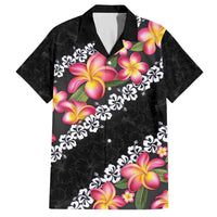 Black Polynesia Family Matching Off Shoulder Short Dress and Hawaiian Shirt Plumeria With Hibiscus Pattern Tropical Vibes LT14 Dad's Shirt - Short Sleeve Black - Polynesian Pride
