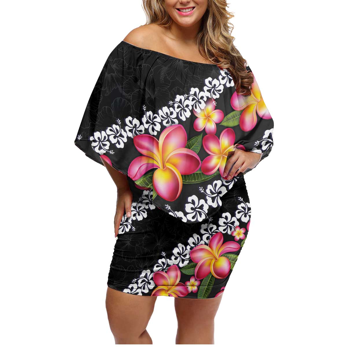 Black Polynesia Family Matching Off Shoulder Short Dress and Hawaiian Shirt Plumeria With Hibiscus Pattern Tropical Vibes LT14 Mom's Dress Black - Polynesian Pride