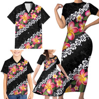 Black Polynesia Family Matching Short Sleeve Bodycon Dress and Hawaiian Shirt Plumeria With Hibiscus Pattern Tropical Vibes LT14 - Polynesian Pride