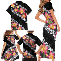 Black Polynesia Family Matching Short Sleeve Bodycon Dress and Hawaiian Shirt Plumeria With Hibiscus Pattern Tropical Vibes LT14 - Polynesian Pride