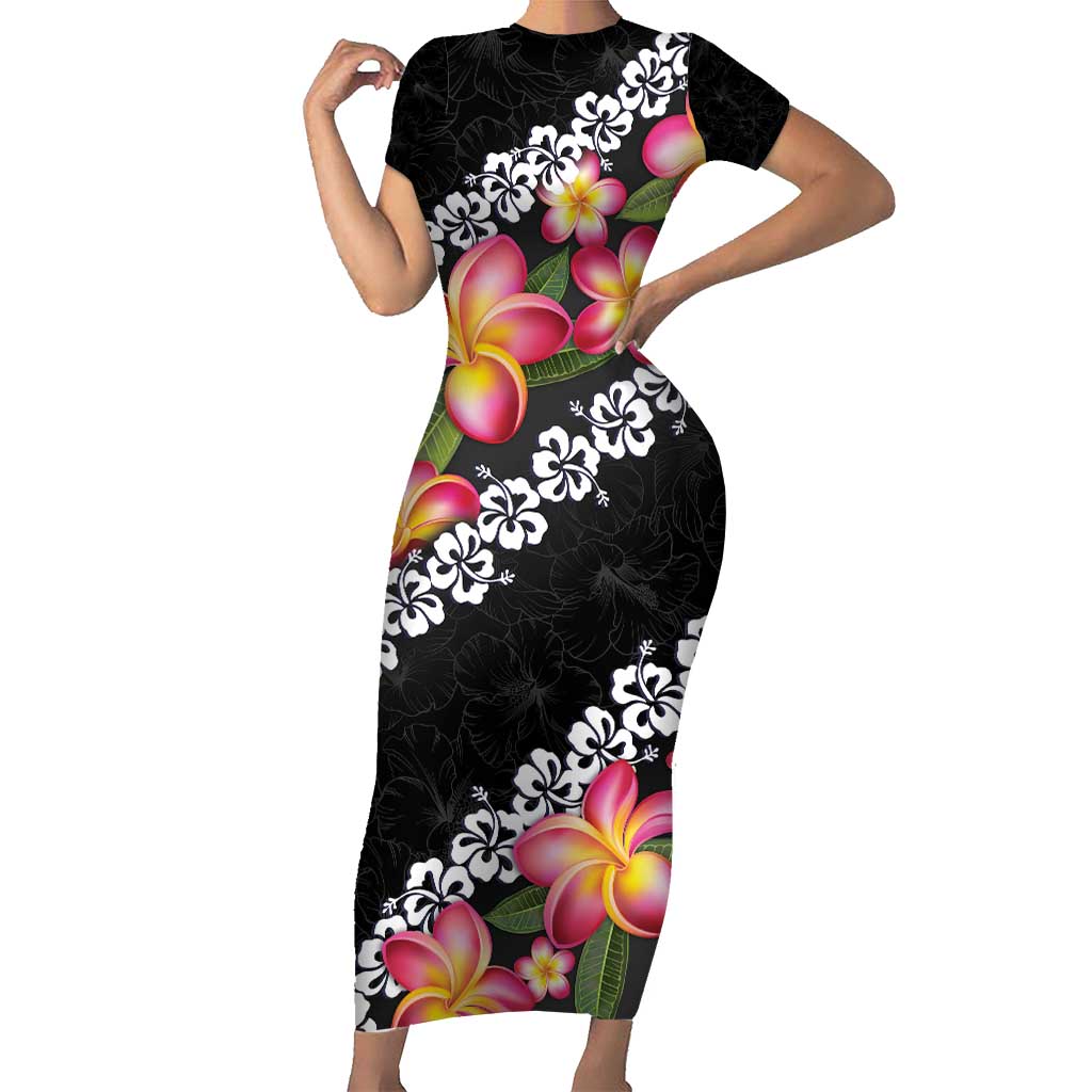 Black Polynesia Family Matching Short Sleeve Bodycon Dress and Hawaiian Shirt Plumeria With Hibiscus Pattern Tropical Vibes LT14 Mom's Dress Black - Polynesian Pride