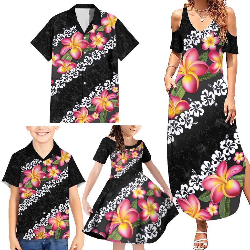 Black Polynesia Family Matching Summer Maxi Dress and Hawaiian Shirt Plumeria With Hibiscus Pattern Tropical Vibes LT14 - Polynesian Pride