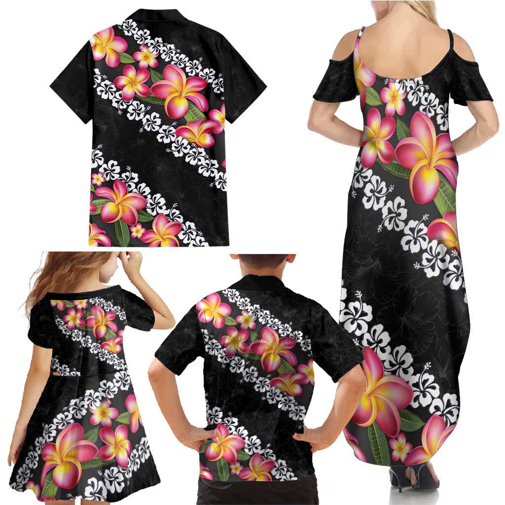 Black Polynesia Family Matching Summer Maxi Dress and Hawaiian Shirt Plumeria With Hibiscus Pattern Tropical Vibes LT14 - Polynesian Pride