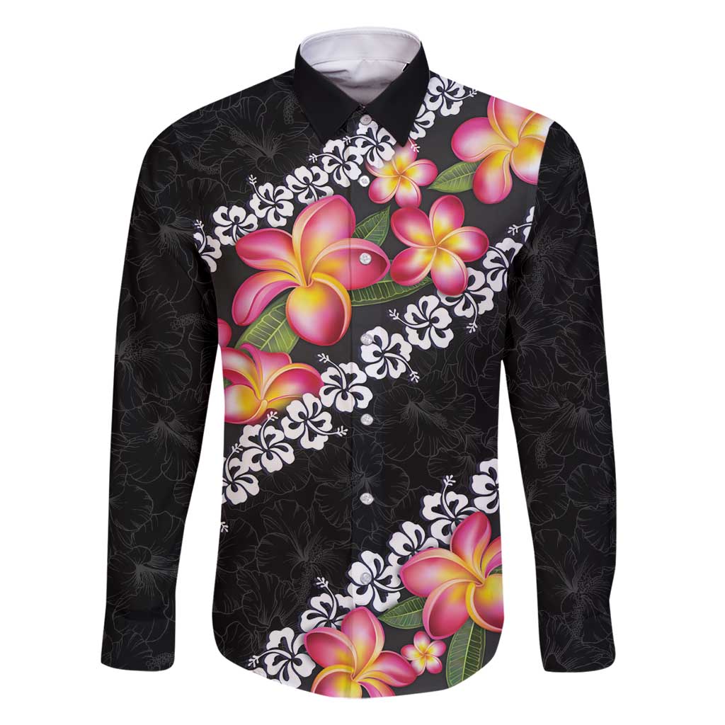 Black Polynesia Family Matching Summer Maxi Dress and Hawaiian Shirt Plumeria With Hibiscus Pattern Tropical Vibes LT14 Dad's Shirt - Long Sleeve Black - Polynesian Pride