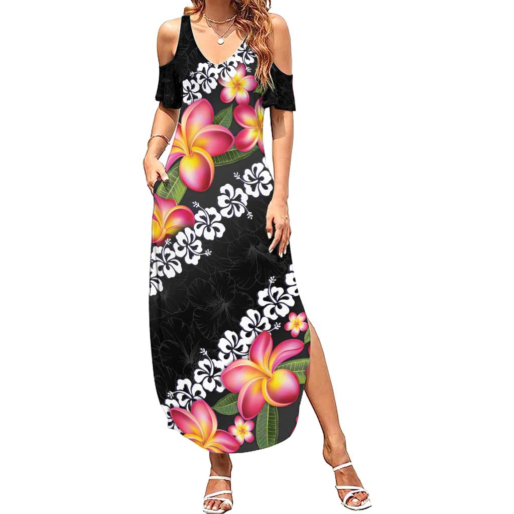 Black Polynesia Family Matching Summer Maxi Dress and Hawaiian Shirt Plumeria With Hibiscus Pattern Tropical Vibes LT14 Mom's Dress Black - Polynesian Pride