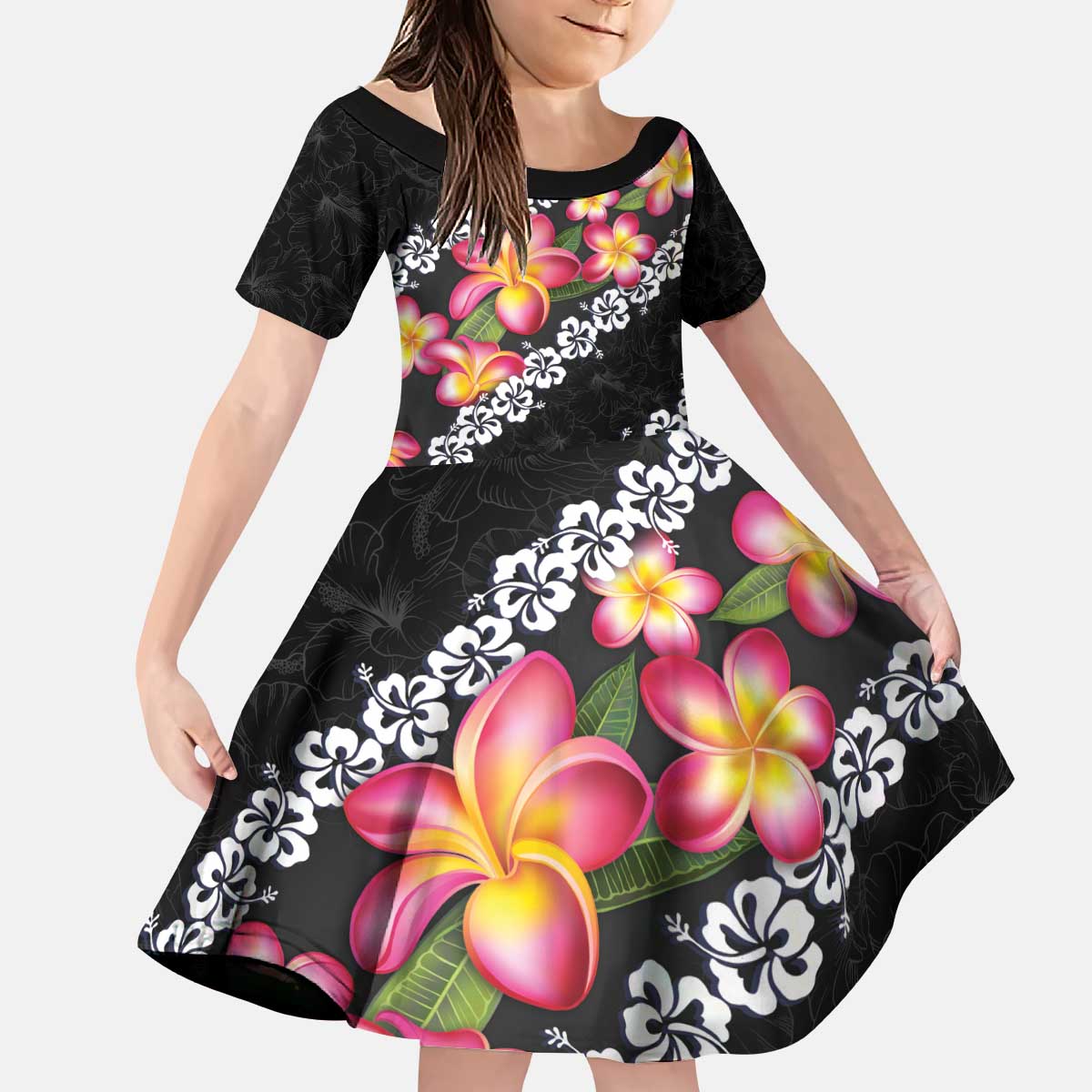 Black Polynesia Kid Short Sleeve Dress Plumeria With Hibiscus Pattern Tropical Vibes LT14 KID Black - Polynesian Pride