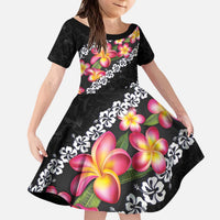 Black Polynesia Kid Short Sleeve Dress Plumeria With Hibiscus Pattern Tropical Vibes LT14 KID Black - Polynesian Pride