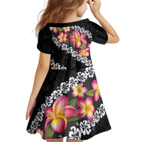 Black Polynesia Kid Short Sleeve Dress Plumeria With Hibiscus Pattern Tropical Vibes LT14 - Polynesian Pride