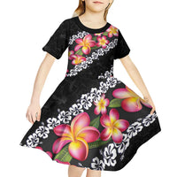 Black Polynesia Kid Short Sleeve Dress Plumeria With Hibiscus Pattern Tropical Vibes LT14 - Polynesian Pride