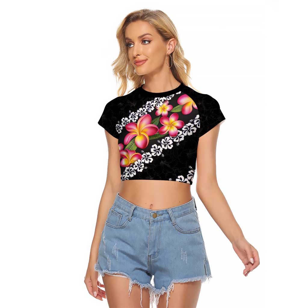 Black Polynesia Raglan Cropped T Shirt Plumeria With Hibiscus Pattern Tropical Vibes LT14 Female Black - Polynesian Pride