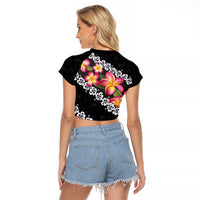 Black Polynesia Raglan Cropped T Shirt Plumeria With Hibiscus Pattern Tropical Vibes LT14 - Polynesian Pride
