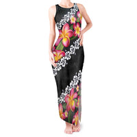Black Polynesia Tank Maxi Dress Plumeria With Hibiscus Pattern Tropical Vibes LT14 Women Black - Polynesian Pride