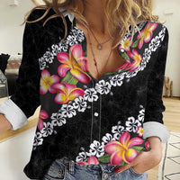 Black Polynesia Women Casual Shirt Plumeria With Hibiscus Pattern Tropical Vibes LT14 Female Black - Polynesian Pride