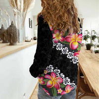 Black Polynesia Women Casual Shirt Plumeria With Hibiscus Pattern Tropical Vibes LT14 - Polynesian Pride