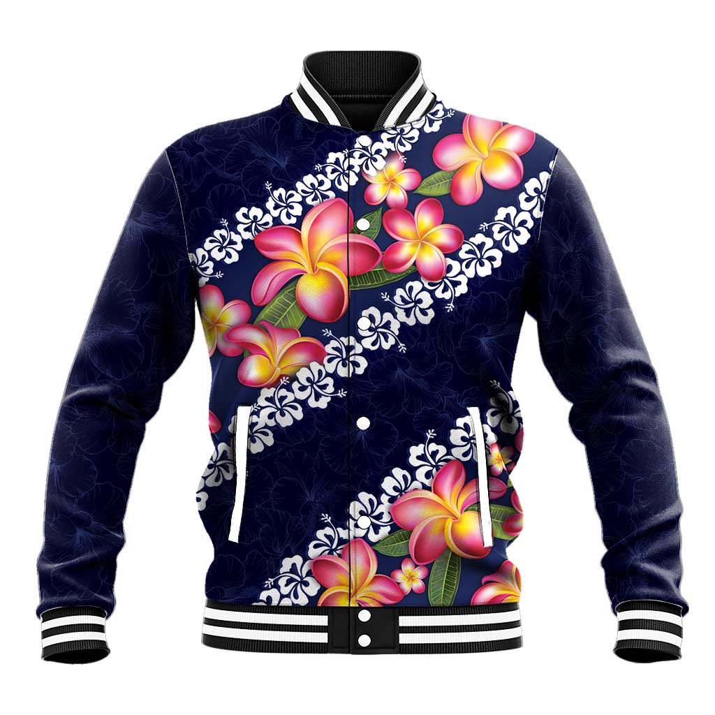 Blue Polynesia Baseball Jacket Plumeria With Hibiscus Pattern Tropical Vibes