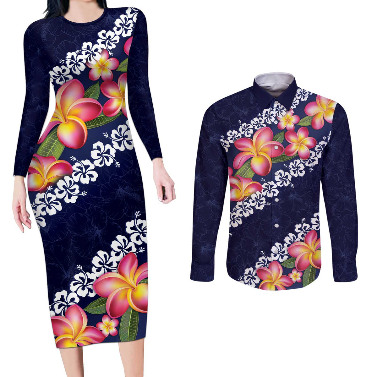 Blue Polynesia Couples Matching Long Sleeve Bodycon Dress and Long Sleeve Button Shirt Plumeria With Hibiscus Pattern Tropical Vibes