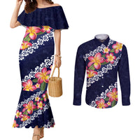 Blue Polynesia Couples Matching Mermaid Dress and Long Sleeve Button Shirt Plumeria With Hibiscus Pattern Tropical Vibes LT14 Blue - Polynesian Pride