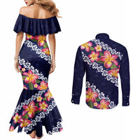 Blue Polynesia Couples Matching Mermaid Dress and Long Sleeve Button Shirt Plumeria With Hibiscus Pattern Tropical Vibes LT14 - Polynesian Pride