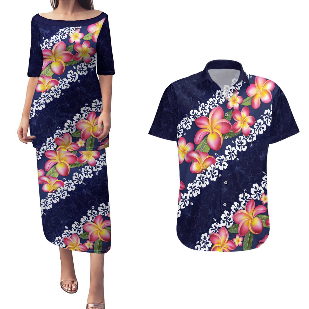 Blue Polynesia Couples Matching Puletasi and Hawaiian Shirt Plumeria With Hibiscus Pattern Tropical Vibes