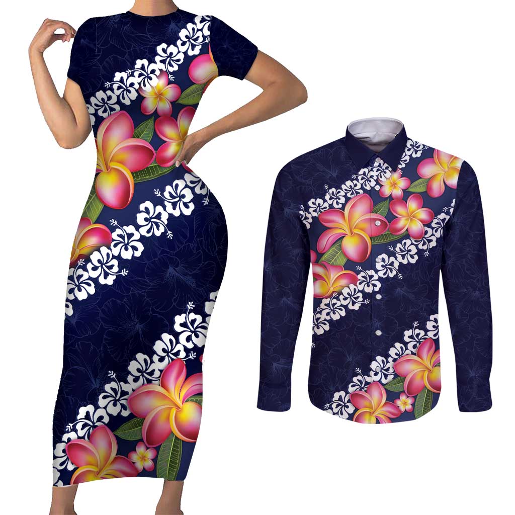 Blue Polynesia Couples Matching Short Sleeve Bodycon Dress and Long Sleeve Button Shirt Plumeria With Hibiscus Pattern Tropical Vibes