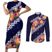 Blue Polynesia Couples Matching Short Sleeve Bodycon Dress and Long Sleeve Button Shirt Plumeria With Hibiscus Pattern Tropical Vibes