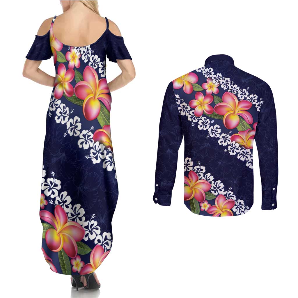 Blue Polynesia Couples Matching Summer Maxi Dress and Long Sleeve Button Shirt Plumeria With Hibiscus Pattern Tropical Vibes
