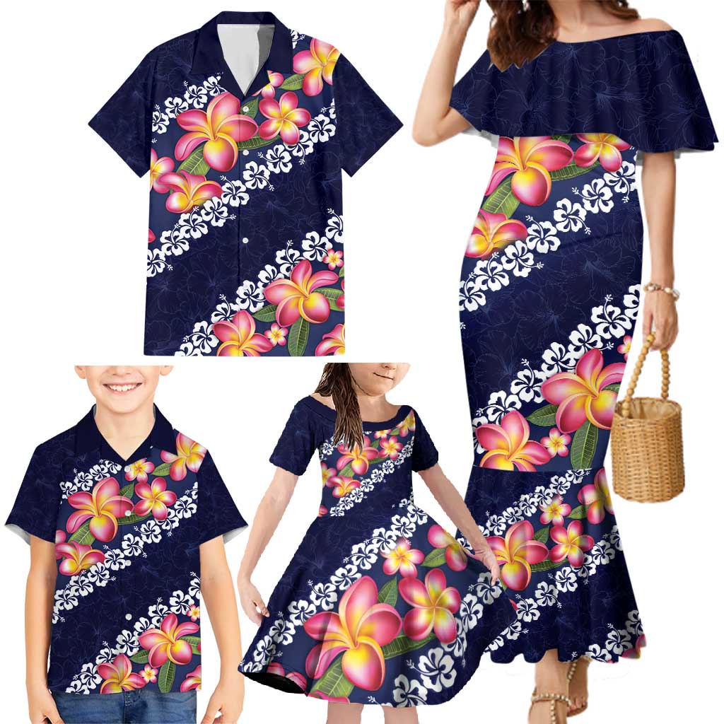 Blue Polynesia Family Matching Mermaid Dress and Hawaiian Shirt Plumeria With Hibiscus Pattern Tropical Vibes LT14 - Polynesian Pride