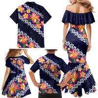 Blue Polynesia Family Matching Mermaid Dress and Hawaiian Shirt Plumeria With Hibiscus Pattern Tropical Vibes LT14 - Polynesian Pride