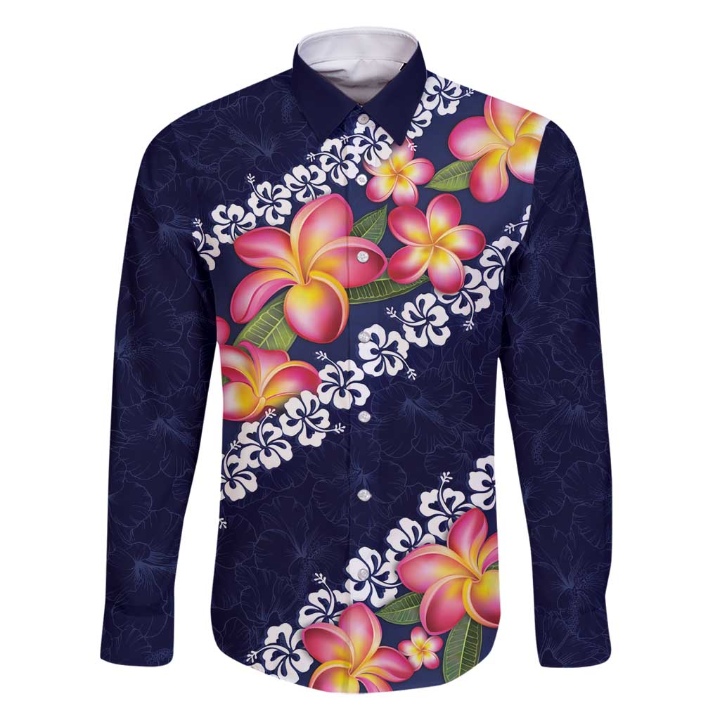 Blue Polynesia Family Matching Mermaid Dress and Hawaiian Shirt Plumeria With Hibiscus Pattern Tropical Vibes LT14 Dad's Shirt - Long Sleeve Blue - Polynesian Pride