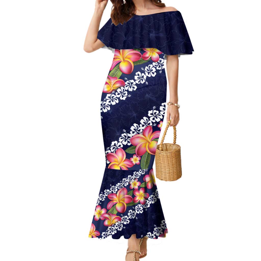 Blue Polynesia Family Matching Mermaid Dress and Hawaiian Shirt Plumeria With Hibiscus Pattern Tropical Vibes LT14 Mom's Dress Blue - Polynesian Pride