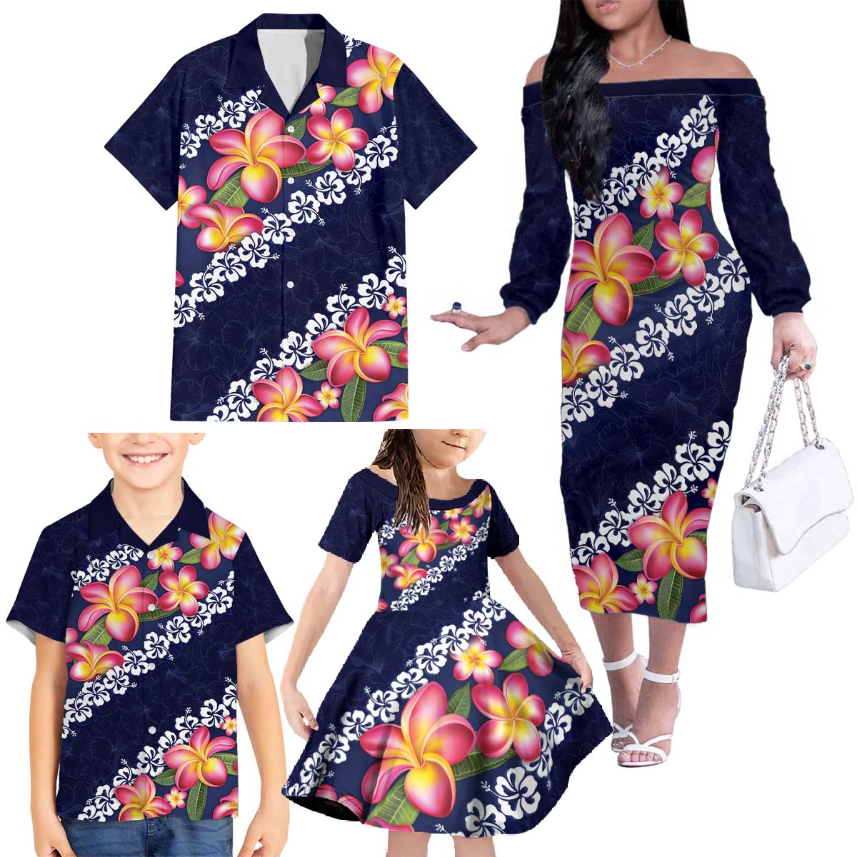Blue Polynesia Family Matching Off The Shoulder Long Sleeve Dress and Hawaiian Shirt Plumeria With Hibiscus Pattern Tropical Vibes LT14 - Polynesian Pride