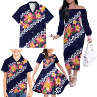 Blue Polynesia Family Matching Off The Shoulder Long Sleeve Dress and Hawaiian Shirt Plumeria With Hibiscus Pattern Tropical Vibes LT14 - Polynesian Pride