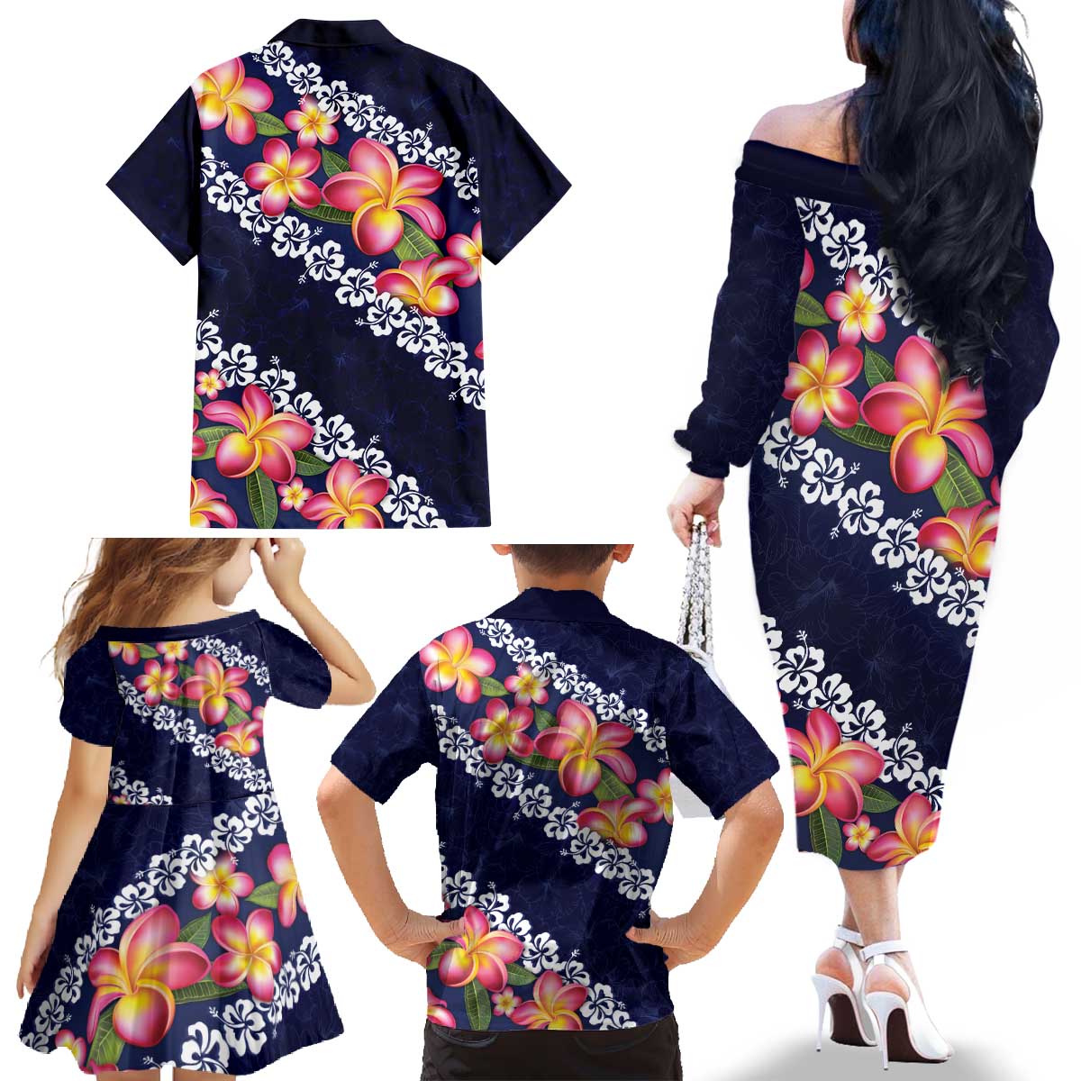 Blue Polynesia Family Matching Off The Shoulder Long Sleeve Dress and Hawaiian Shirt Plumeria With Hibiscus Pattern Tropical Vibes LT14 - Polynesian Pride