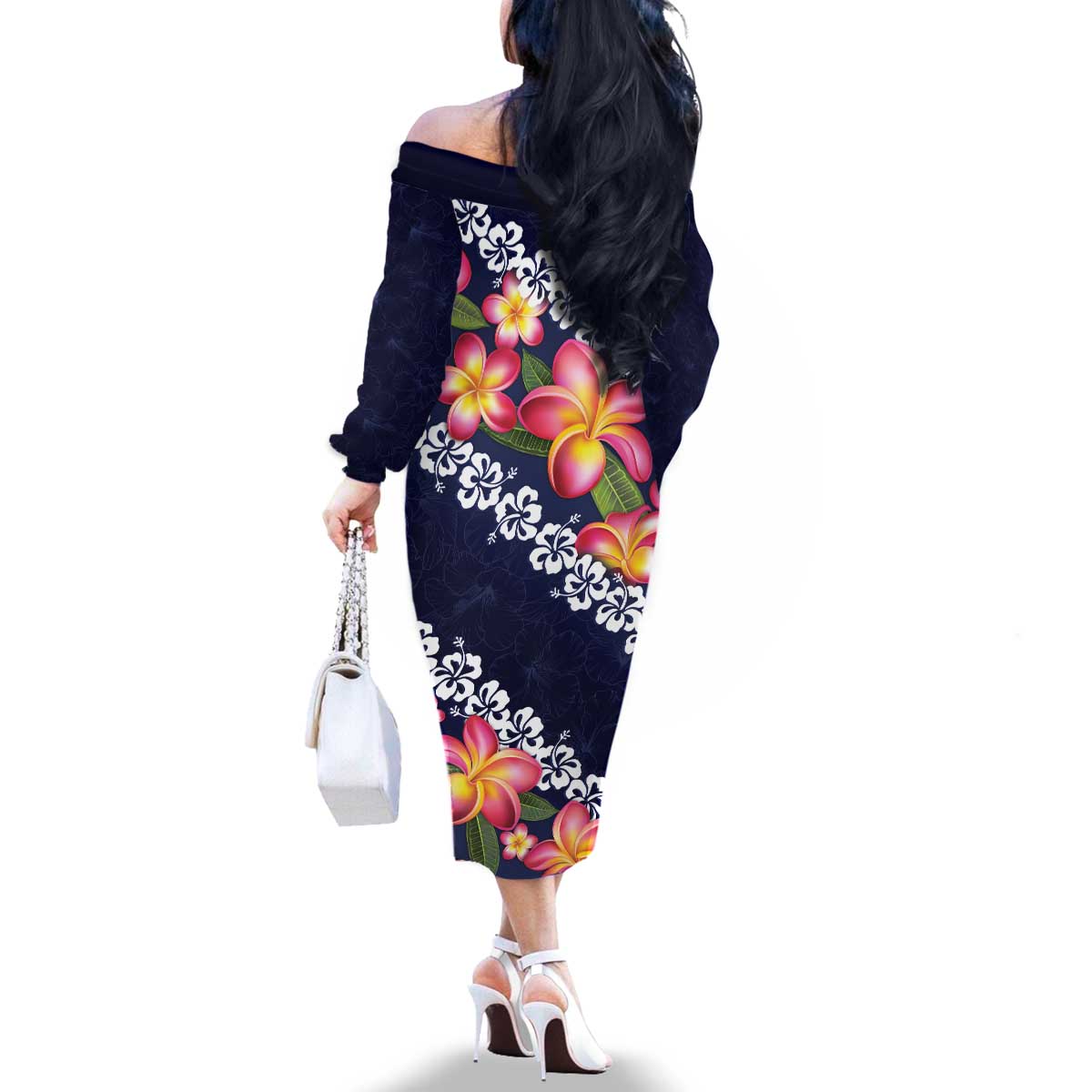 Blue Polynesia Family Matching Off The Shoulder Long Sleeve Dress and Hawaiian Shirt Plumeria With Hibiscus Pattern Tropical Vibes LT14 - Polynesian Pride