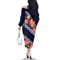 Blue Polynesia Family Matching Off The Shoulder Long Sleeve Dress and Hawaiian Shirt Plumeria With Hibiscus Pattern Tropical Vibes LT14 - Polynesian Pride
