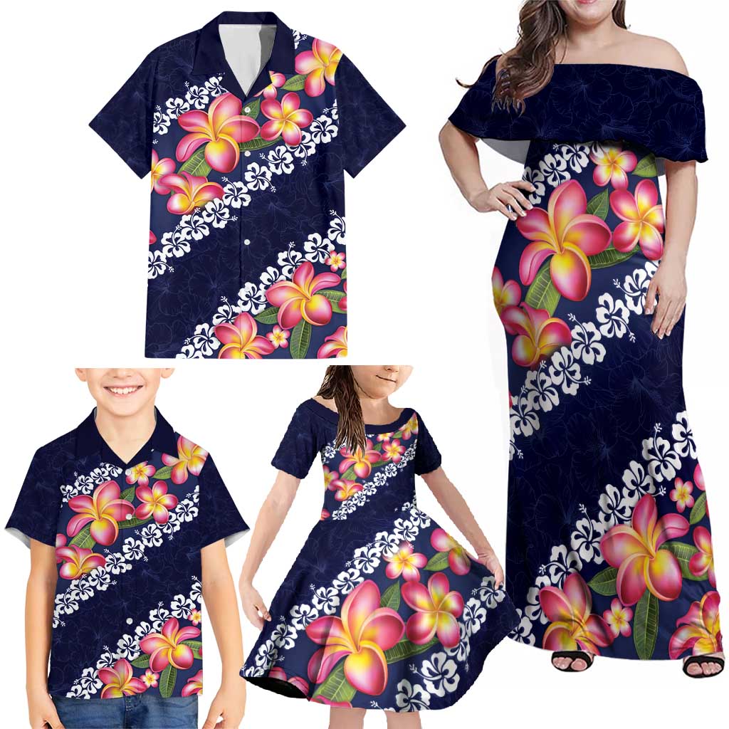 Blue Polynesia Family Matching Off Shoulder Maxi Dress and Hawaiian Shirt Plumeria With Hibiscus Pattern Tropical Vibes LT14 - Polynesian Pride