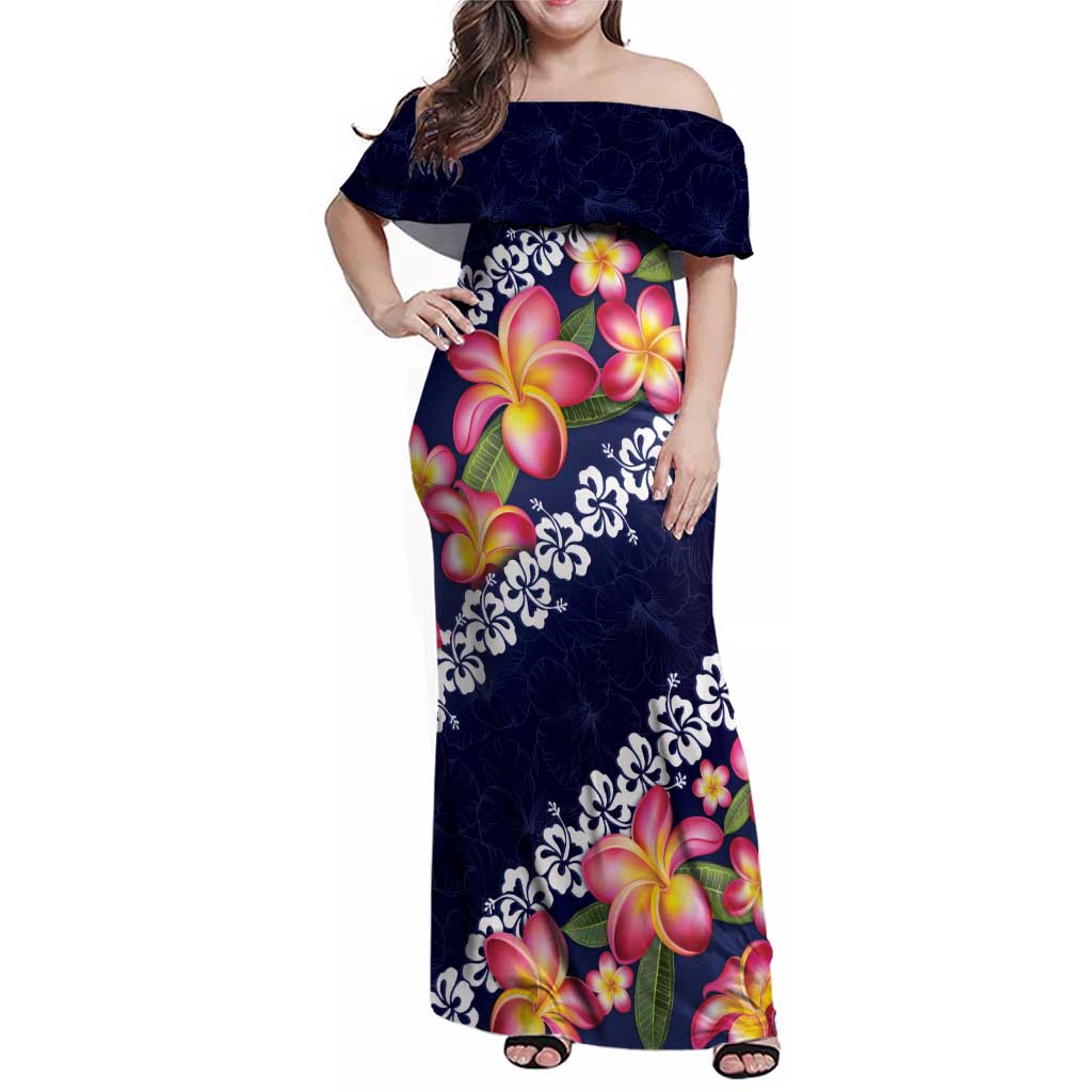 Blue Polynesia Family Matching Off Shoulder Maxi Dress and Hawaiian Shirt Plumeria With Hibiscus Pattern Tropical Vibes LT14 Mom's Dress Blue - Polynesian Pride
