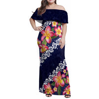 Blue Polynesia Family Matching Off Shoulder Maxi Dress and Hawaiian Shirt Plumeria With Hibiscus Pattern Tropical Vibes LT14 Mom's Dress Blue - Polynesian Pride