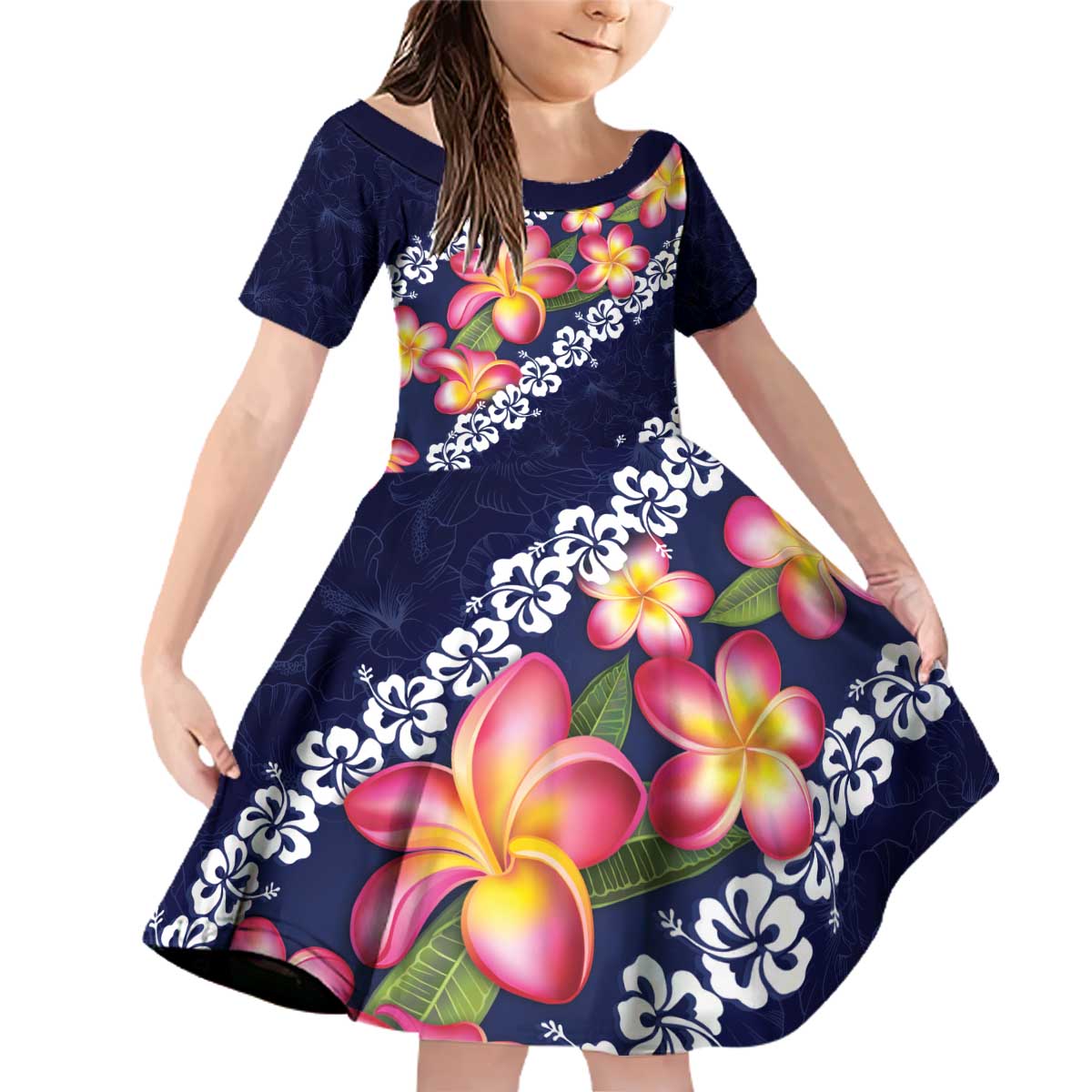 Blue Polynesia Family Matching Off Shoulder Short Dress and Hawaiian Shirt Plumeria With Hibiscus Pattern Tropical Vibes LT14 Daughter's Dress Blue - Polynesian Pride