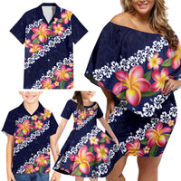 Blue Polynesia Family Matching Off Shoulder Short Dress and Hawaiian Shirt Plumeria With Hibiscus Pattern Tropical Vibes LT14 - Polynesian Pride
