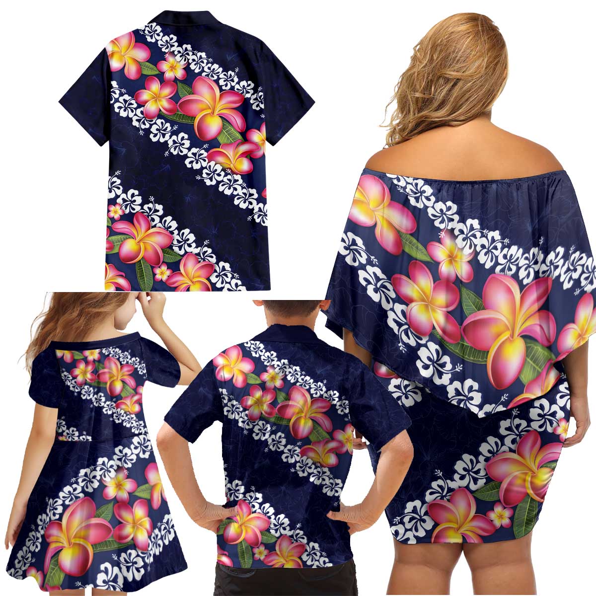 Blue Polynesia Family Matching Off Shoulder Short Dress and Hawaiian Shirt Plumeria With Hibiscus Pattern Tropical Vibes LT14 - Polynesian Pride